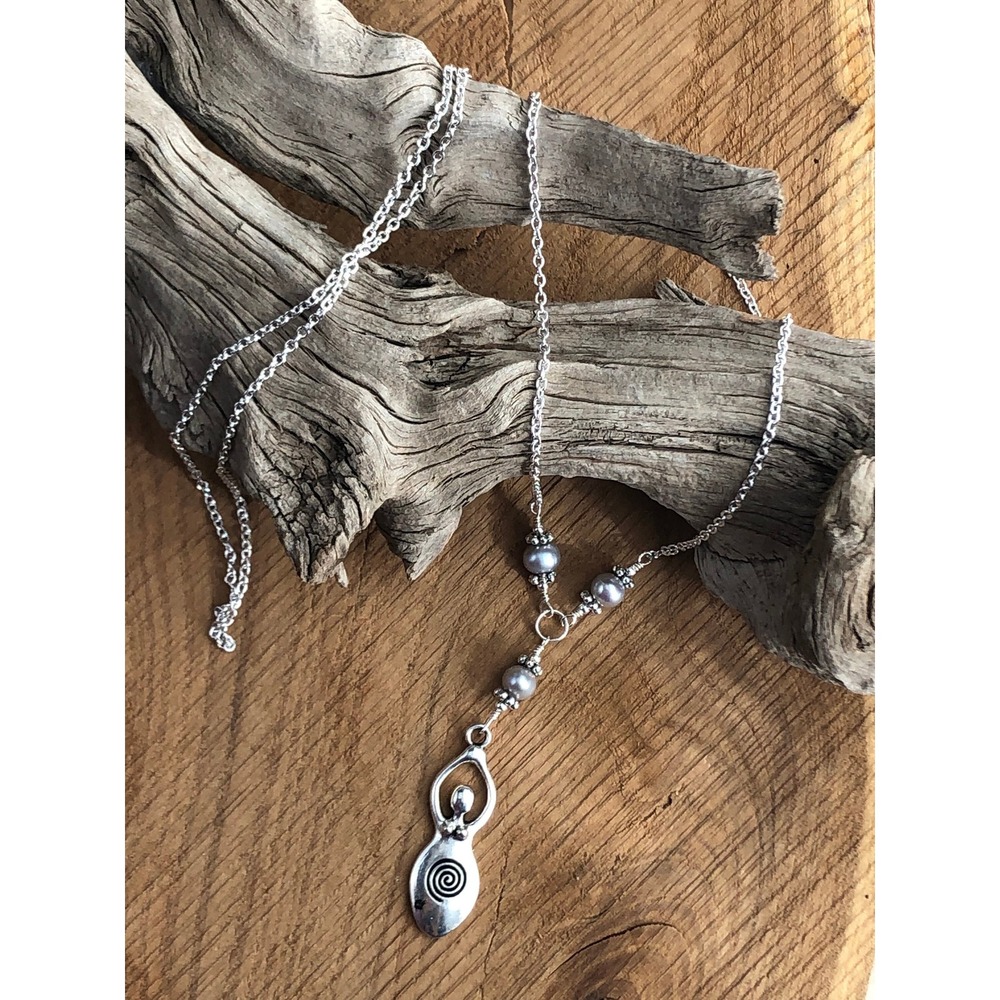 Silver Goddess Pendant Necklace: Pewter Charm with Freshwater Pearls